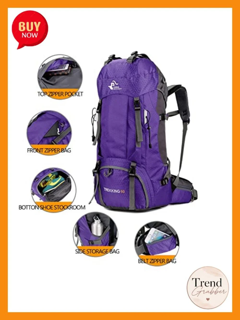 60L Waterproof Hiking Backpack with Rain Cover, Large Camping Daypack